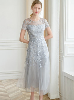 Dresses | Maxi Dresses | Trendy Grey Embroidered Mesh Maxi Dress