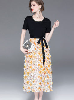 O-neck Short Sleeve Big Hem Floral Dress
