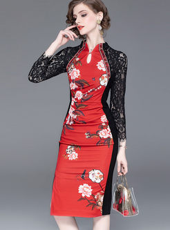 Mandarin Collar Openwork Print Bodycon Dress