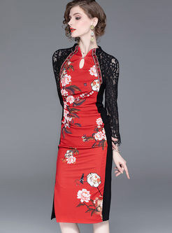 Mandarin Collar Openwork Print Bodycon Dress