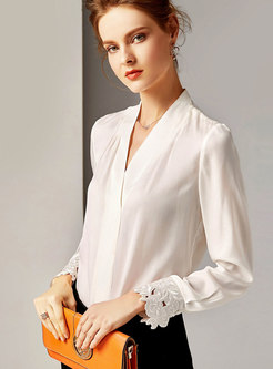 Elegant Solid Color V-neck Pullover Blouse