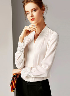 Elegant Solid Color V-neck Pullover Blouse