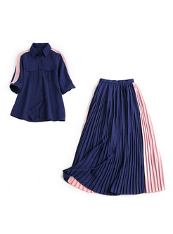 Color-blocked Lapel Half Sleeve Top & Pleated Skirt