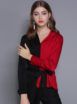 Brief Asymmetric Red Tied Lapel Blouse 