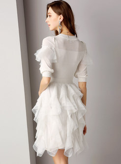 Asymmetric White Polka Dot Mesh Splicing Dress