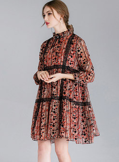 Trendy Print Lace Splicing Chiffon Shift Dress