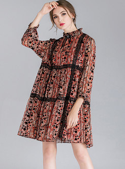 Trendy Print Lace Splicing Chiffon Shift Dress