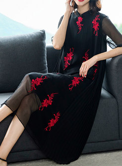 Chic Stand Collar Embroidered Shift Dress