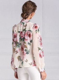 Elegant Rose Print Tie-collar Blouse