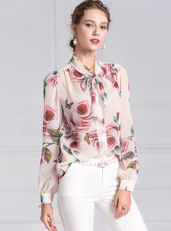 Elegant Rose Print Tie-collar Blouse