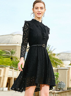 Lace Stand Collar Perspective Belted Asymmetric Dress