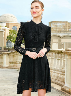 Lace Stand Collar Perspective Belted Asymmetric Dress