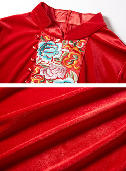 Embroidered Velvet Button Standing Collar Dress
