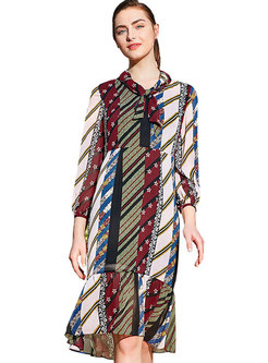 Chic Print Tie-collar High Waist Falbala Dress