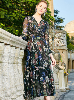 Floral V-neck High Waist A Line Dress