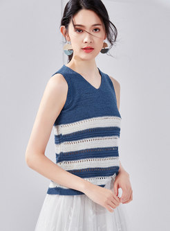 Striped V-neck Sleeveless Hollow Out Knitted Top