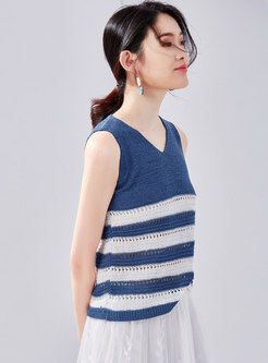 Striped V-neck Sleeveless Hollow Out Knitted Top