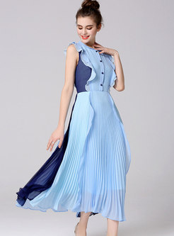 Fashion Beach Falbala Sleeveless Pleated Maxi Dress