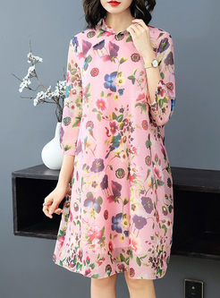 Standing Collar Print Silk Plus Size Dress