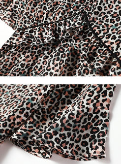 V-neck Flare Sleeve Leopard Skater Dress
