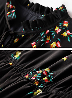 Trendy Black Print Stand Collar A-line Dress