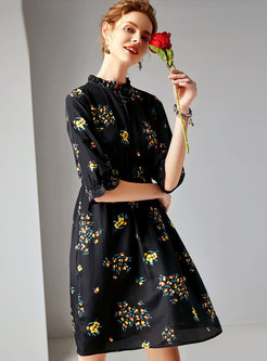 Trendy Black Print Stand Collar A-line Dress