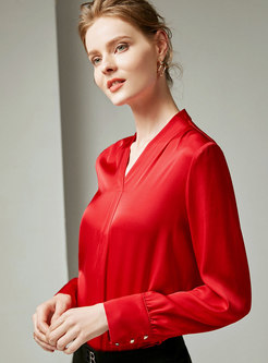 Elegant Retro Solid Color Silk V-neck Blouse