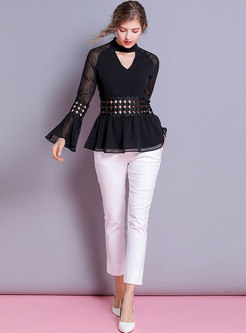 Elegant Flare Sleeve Hollow Out Slim Blouse