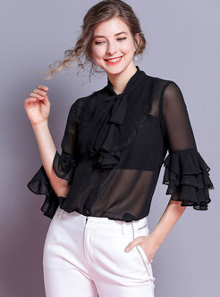 Sexy Flare Sleeve Tie-collar Single-breasted Blouse