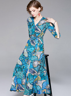 Trendy Print Vintage V-neck Slim Maxi Dress