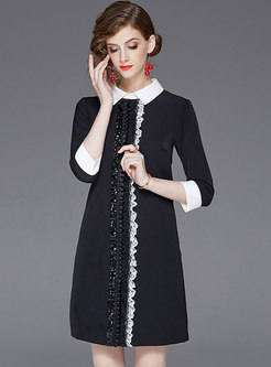 Stylish Bead Color-blocked Lapel A-line Dress