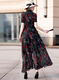 Vintage Print Split Short Sleeve Chiffon Maxi Dress