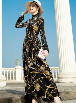 Fashion Print Stand Collar Big Hem Maxi Dress