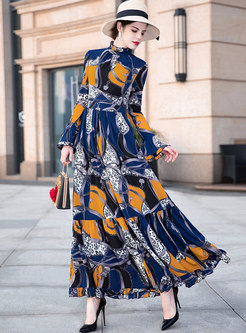 Chic Color-blocked Print Chiffon Maxi Dress