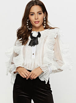 Solid Color Long Sleeve Bowknot Blouse