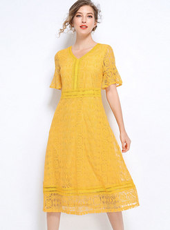 Lace Pure Color V-neck High Waist A Line Dress