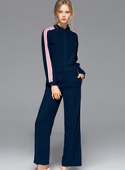 Casual Navy Splicing Striped Blouse & Wide Leg Pants