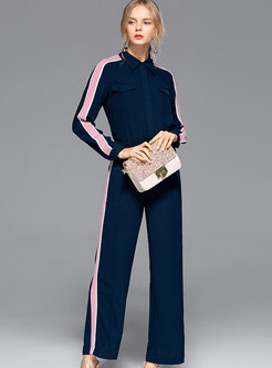 Casual Navy Splicing Striped Blouse & Wide Leg Pants