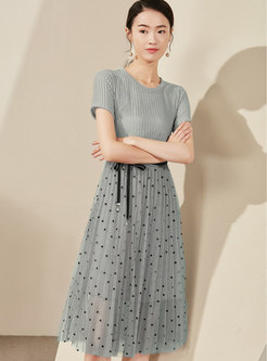 Polka Dot Splicing Belted Pleated Dress With Cami
