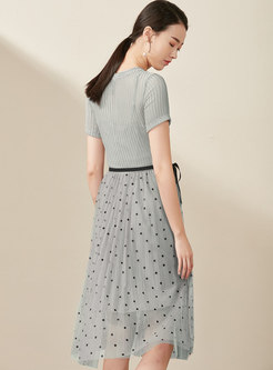 Polka Dot Splicing Belted Pleated Dress With Cami