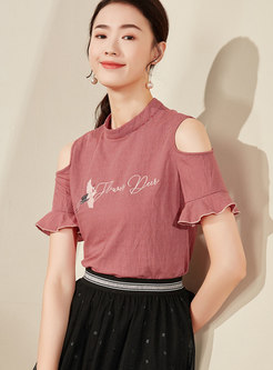 Striped Off Shoulder Stand Collar T-shirt