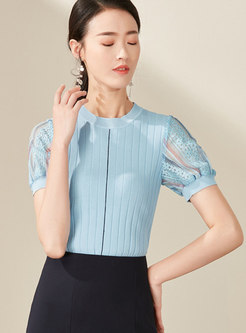 Lace Splicing O-neck Slim Knitted Top