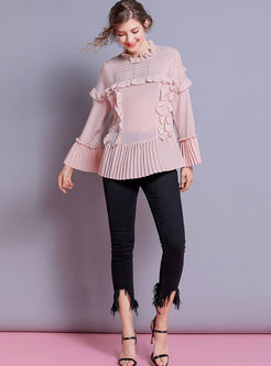 Standing Collar Flare Sleeve Pleated Blouse