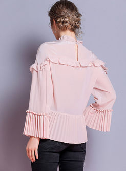 Standing Collar Flare Sleeve Pleated Blouse