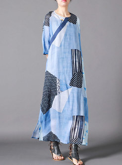 Vintage Print Patchwork Side-slit Loose Dress