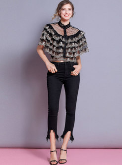 Mesh Splicing Stand Collar Lace Layered Slim Blouse