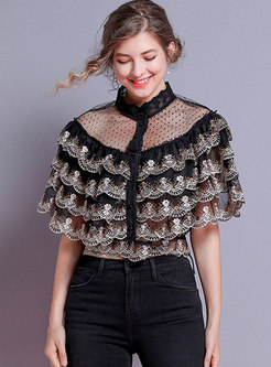 Mesh Splicing Stand Collar Lace Layered Slim Blouse