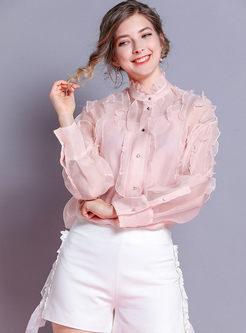 Pink Standing Collar Long Sleeve Blouse