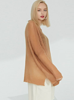 Solid Color O-neck Hollow Out Loose Sweater