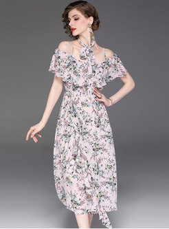 Chic Print Off Shoulder Irregular High Waist Dress